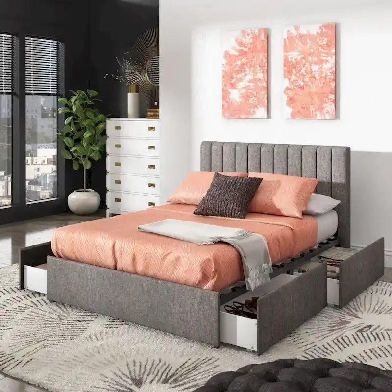 Lit plateforme de rangement Arlert en lin gris à 4 tiroirs par iNSPIRE Q Modern