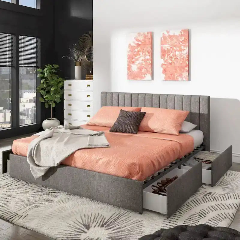 Lit plateforme de rangement Arlert en lin gris à 4 tiroirs par iNSPIRE Q Modern