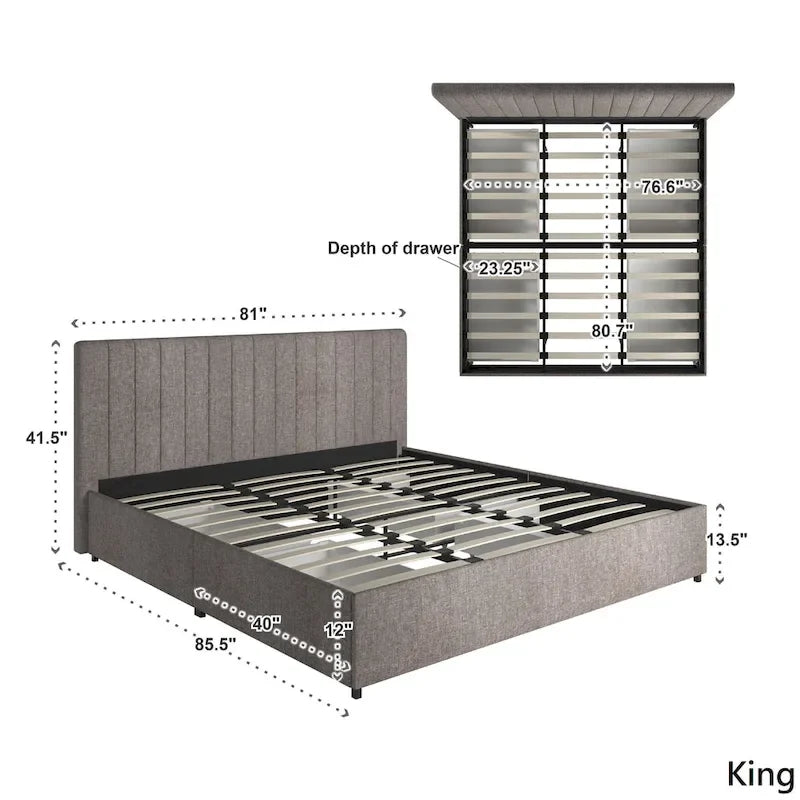Lit plateforme de rangement Arlert en lin gris à 4 tiroirs par iNSPIRE Q Modern