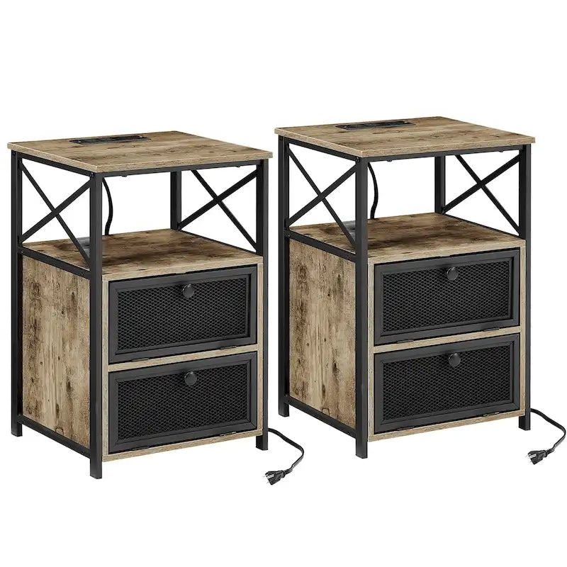 Lot de 2 tables de chevet avec station de charge et 2 tiroirs à bascule, 2 ports USB et 2 prises de courant