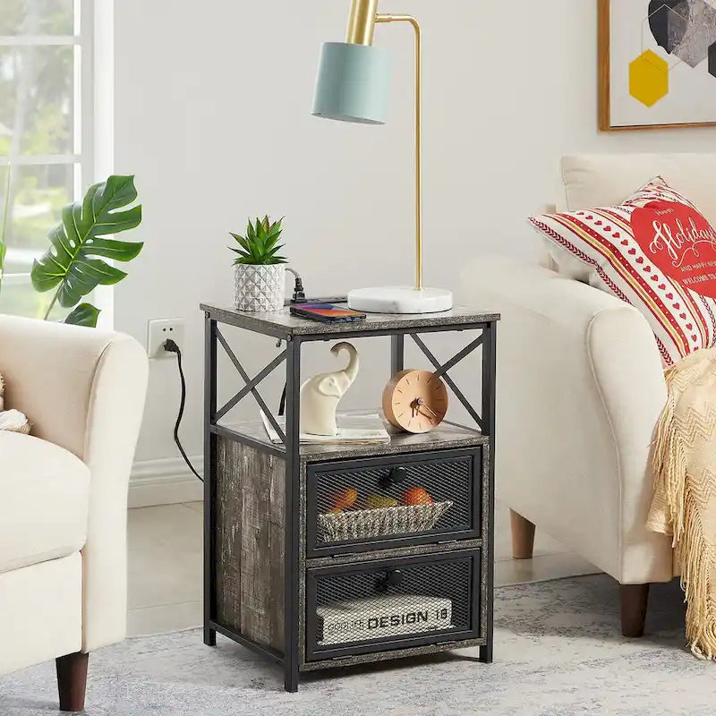 Set of 2 Nightstand End Table with Charging Station & 2 Flip Drawers, 2 USB Ports & 2 Power Outlet
