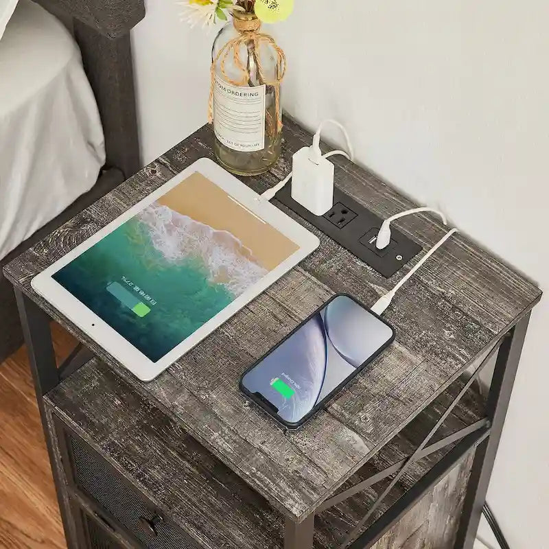 Lot de 2 tables de chevet avec station de charge et 2 tiroirs à bascule, 2 ports USB et 2 prises de courant