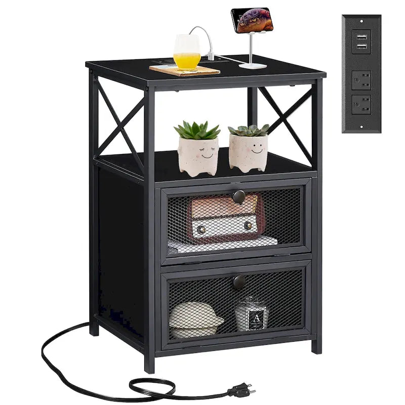 Lot de 2 tables de chevet avec station de charge et 2 tiroirs à bascule, 2 ports USB et 2 prises de courant