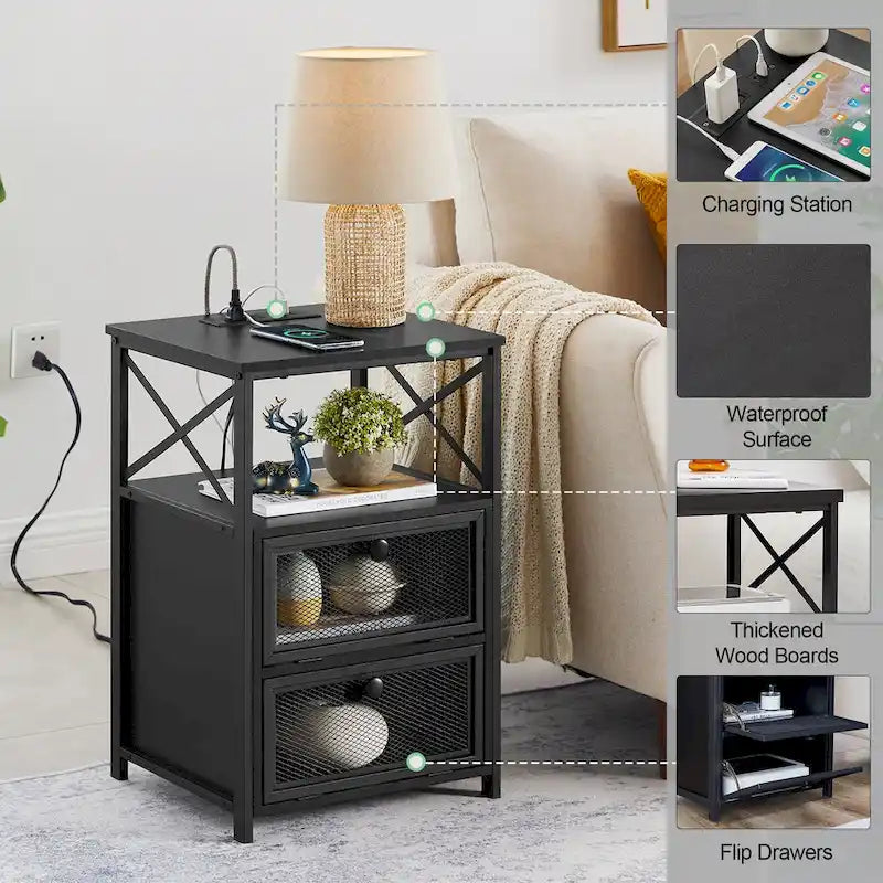 Lot de 2 tables de chevet avec station de charge et 2 tiroirs à bascule, 2 ports USB et 2 prises de courant
