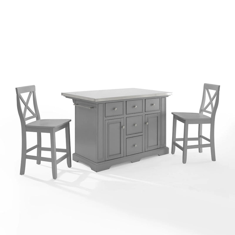 Crosley Julia Îlot de cuisine en acier inoxydable avec tabourets à dossier en X – 50 L x 60 P x 41 H