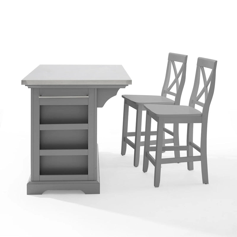 Crosley Julia Îlot de cuisine en acier inoxydable avec tabourets à dossier en X – 50 L x 60 P x 41 H