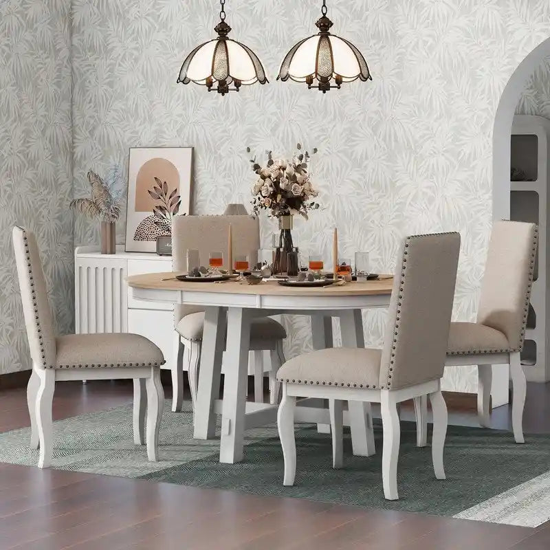 Ensemble de table à manger de ferme 5 pièces avec table ronde extensible en bois et 4 chaises de salle à manger rembourrées