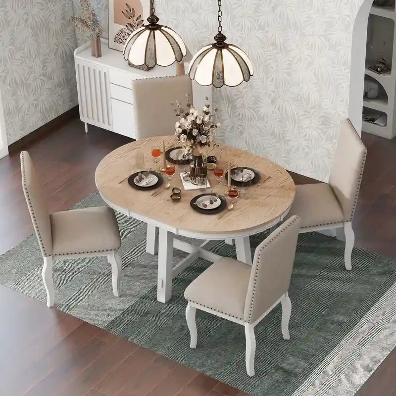Ensemble de table à manger de ferme 5 pièces avec table ronde extensible en bois et 4 chaises de salle à manger rembourrées