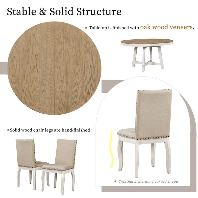 Ensemble de table à manger de ferme 5 pièces avec table ronde extensible en bois et 4 chaises de salle à manger rembourrées