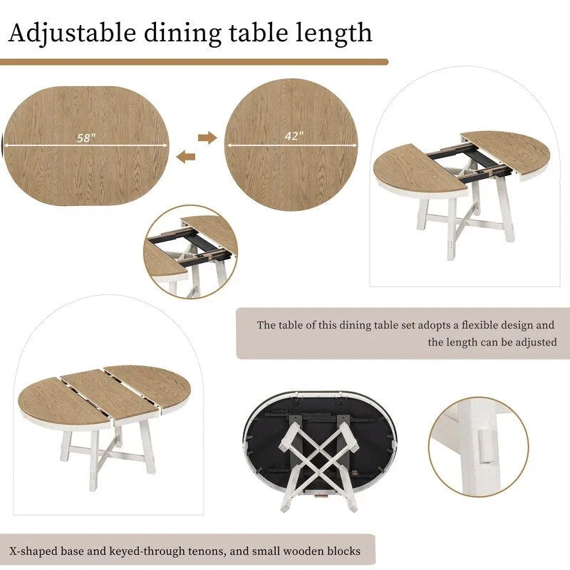 Ensemble de table à manger de ferme 5 pièces avec table ronde extensible en bois et 4 chaises de salle à manger rembourrées