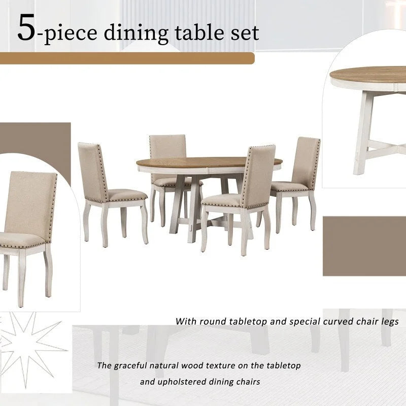 Ensemble de table à manger de ferme 5 pièces avec table ronde extensible en bois et 4 chaises de salle à manger rembourrées