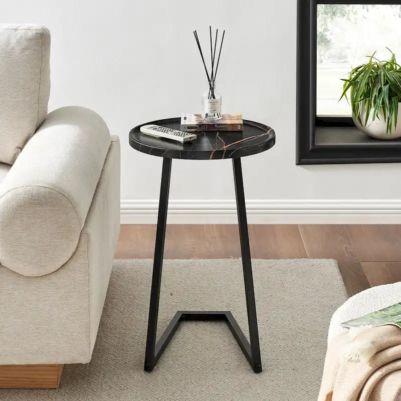Table d'appoint en C pour canapé Addison, avec bord surélevé, marbre noir ou noyer brun