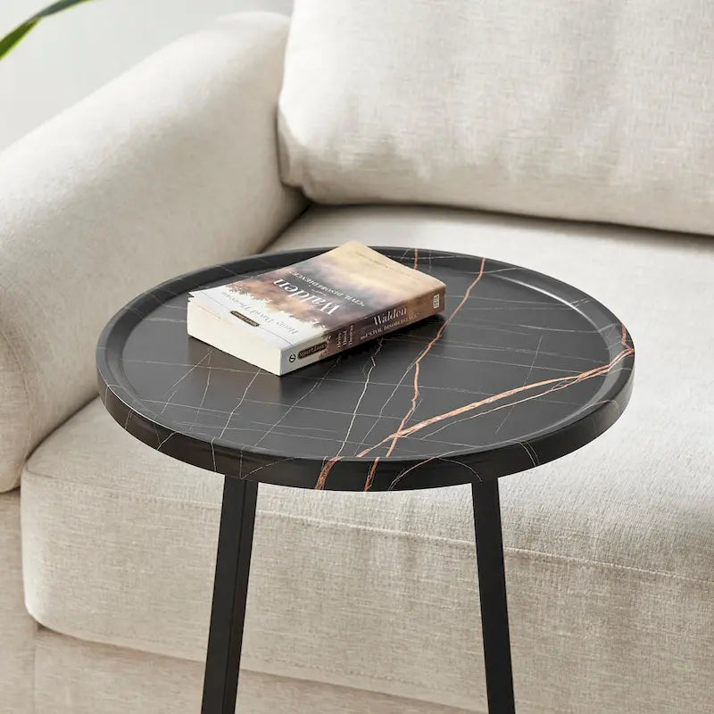 Table d'appoint en C pour canapé Addison, avec bord surélevé, marbre noir ou noyer brun
