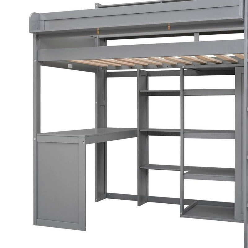 Lit mezzanine en bois avec plusieurs étagères de rangement, bureau, armoire et sécurité garantie, taille double