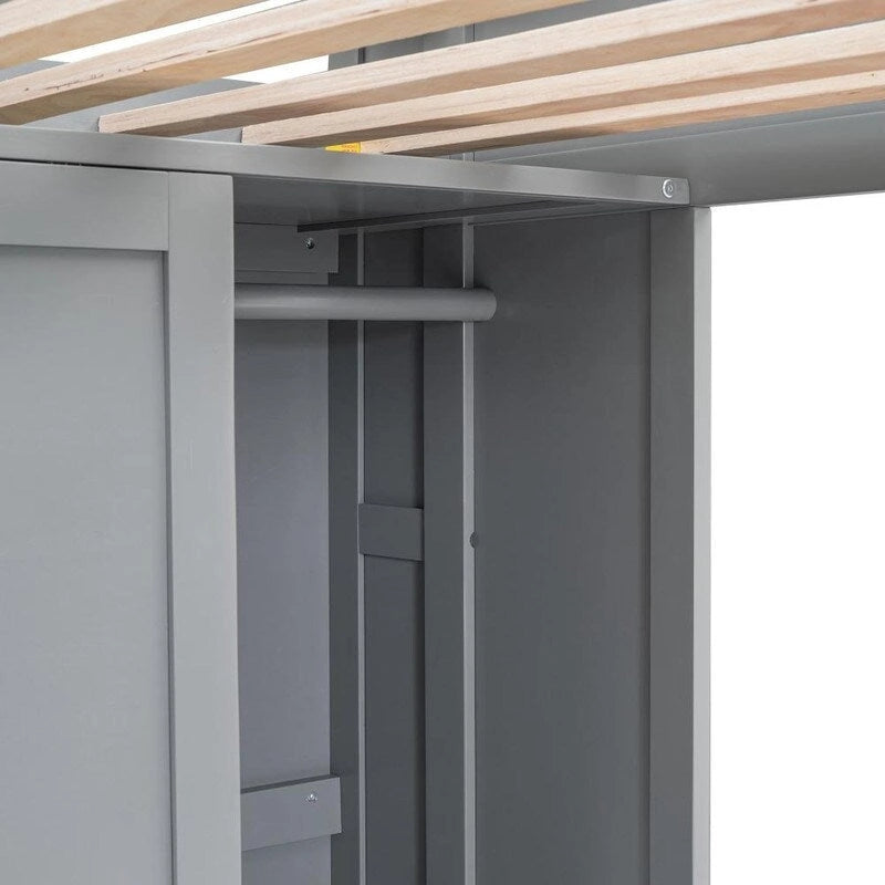 Lit mezzanine en bois avec plusieurs étagères de rangement, bureau, armoire et sécurité garantie, taille double