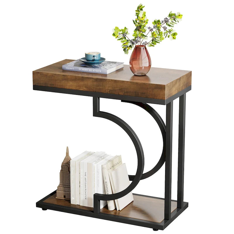 Table d'appoint en forme de C à 2 niveaux pour salon