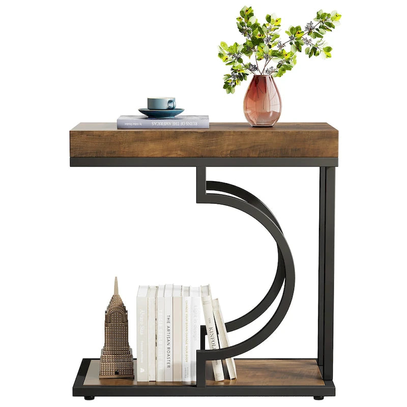 Table d'appoint en forme de C à 2 niveaux pour salon
