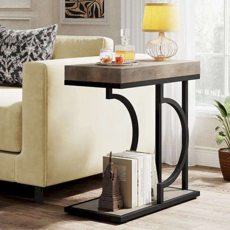 Table d'appoint en forme de C à 2 niveaux pour salon