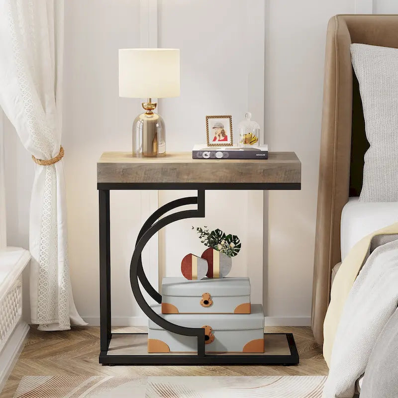 Table d'appoint en forme de C à 2 niveaux pour salon