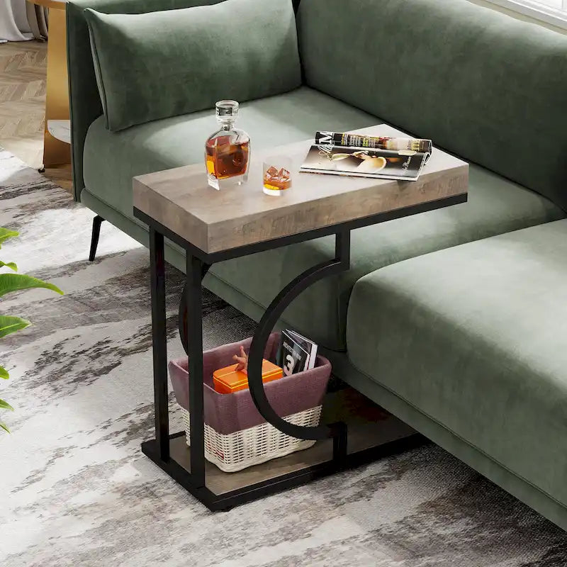 Table d'appoint en forme de C à 2 niveaux pour salon