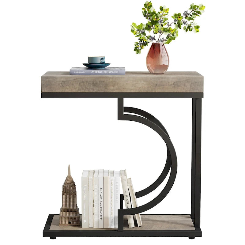 Table d'appoint en forme de C à 2 niveaux pour salon