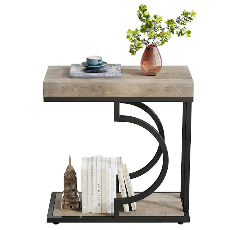 Table d'appoint en forme de C à 2 niveaux pour salon