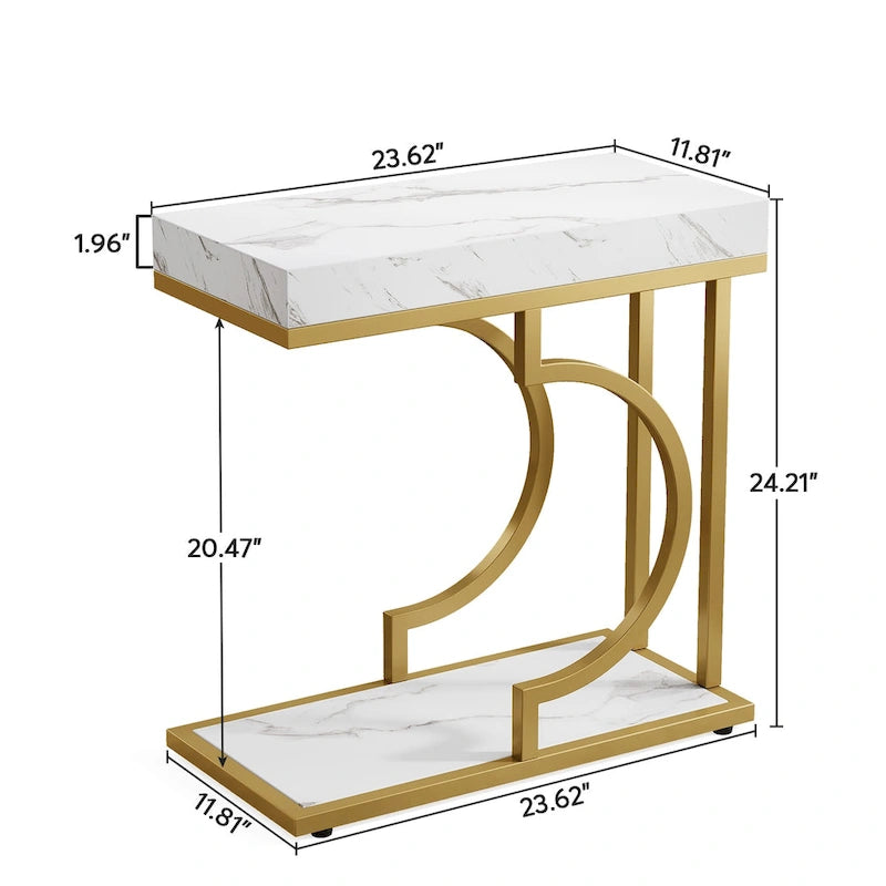 Table d'appoint en forme de C à 2 niveaux pour salon