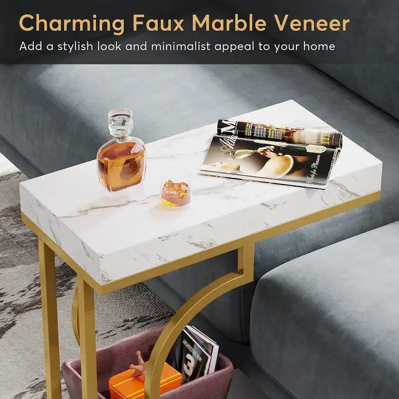 Table d'appoint en forme de C à 2 niveaux pour salon