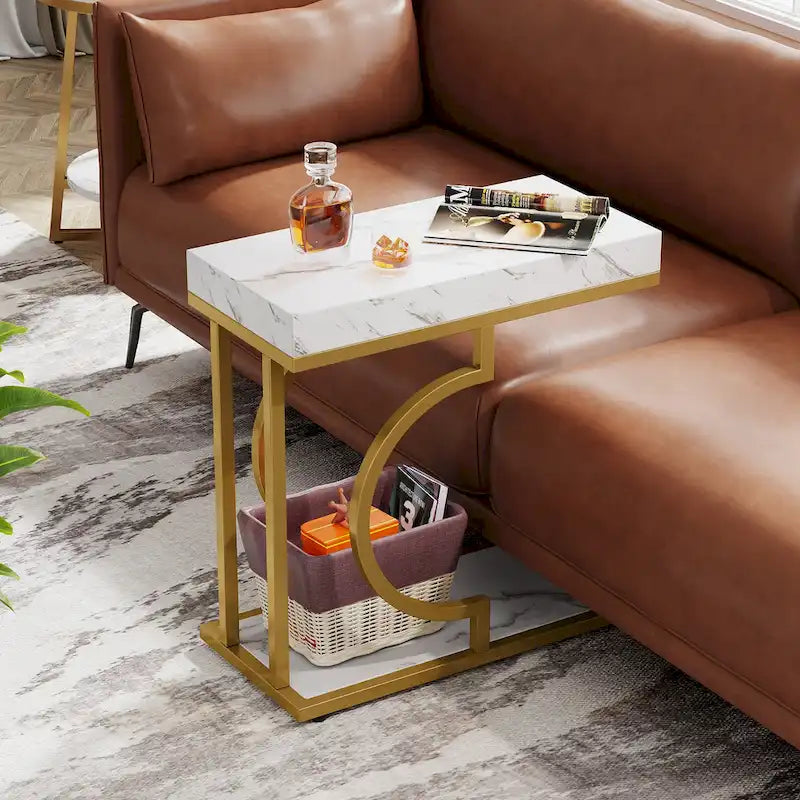 Table d'appoint en forme de C à 2 niveaux pour salon