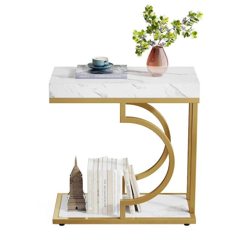 Table d'appoint en forme de C à 2 niveaux pour salon