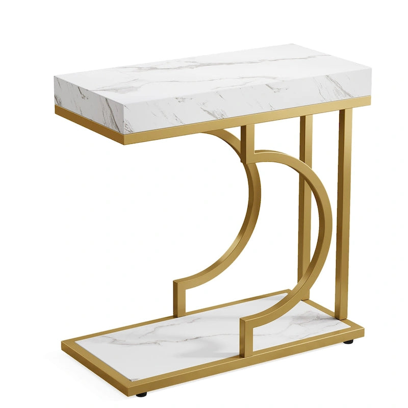 Table d'appoint en forme de C à 2 niveaux pour salon