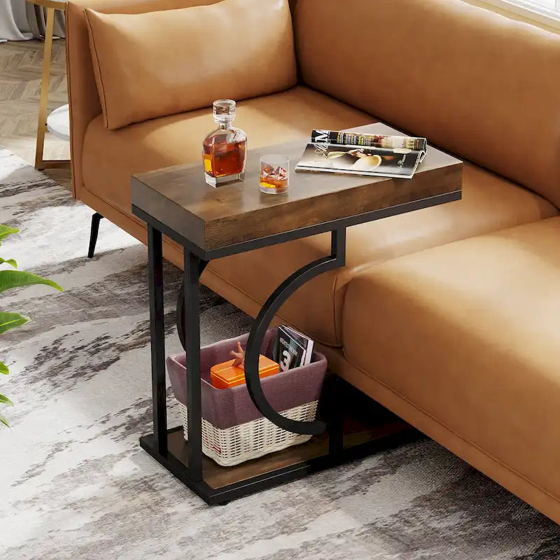 Table d'appoint en forme de C à 2 niveaux pour salon