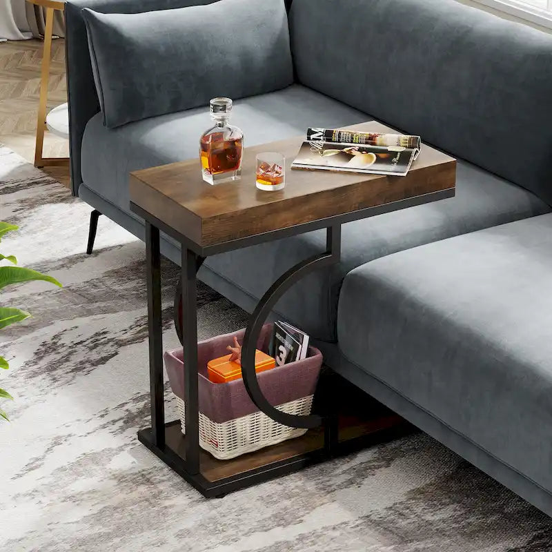 Table d'appoint en forme de C à 2 niveaux pour salon