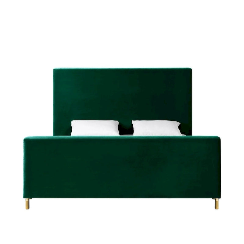 Lit king rembourré en velours vert chasseur en bois massif