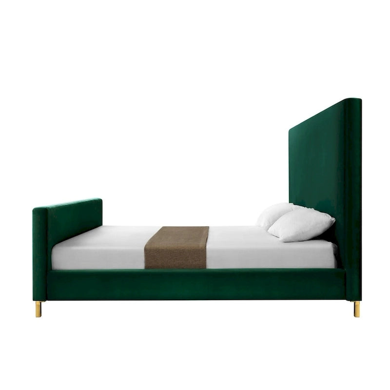Lit king rembourré en velours vert chasseur en bois massif