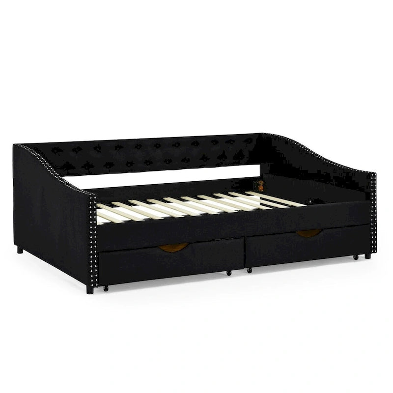 Lit de repos pleine grandeur avec tiroirs, rembourré, capitonné, avec boutons au dos et clous en cuivre sur les accoudoirs ondulés