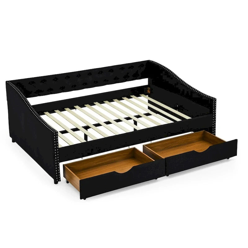 Lit de repos pleine grandeur avec tiroirs, rembourré, capitonné, avec boutons au dos et clous en cuivre sur les accoudoirs ondulés