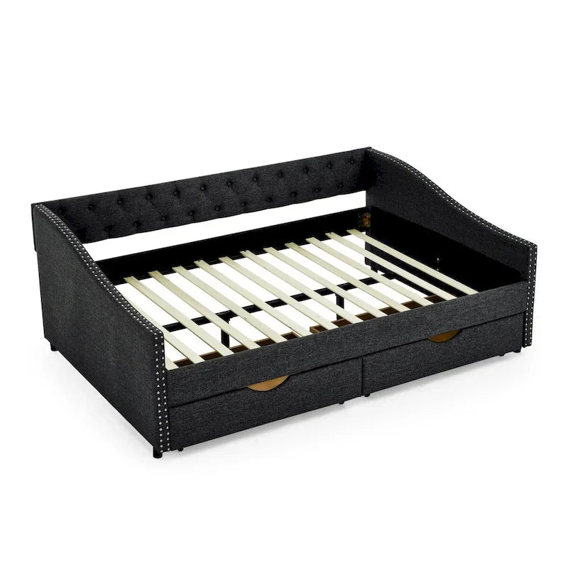Lit de repos pleine grandeur avec tiroirs, rembourré, capitonné, avec boutons au dos et clous en cuivre sur les accoudoirs ondulés