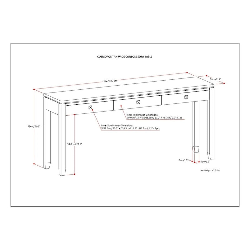 WYNDENHALL Essex Console de canapé contemporaine large en bois massif de 60 pouces de large - 60 x 15 x 29,5