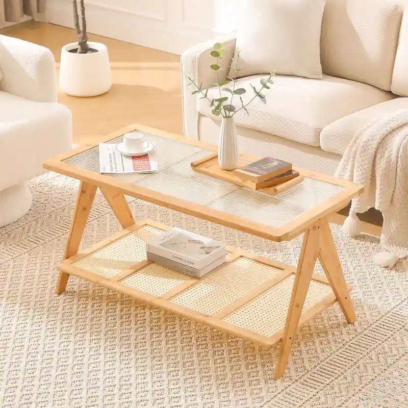 Table basse rectangulaire à 2 niveaux, table de canapé en verre - 100L x 50W x 50P