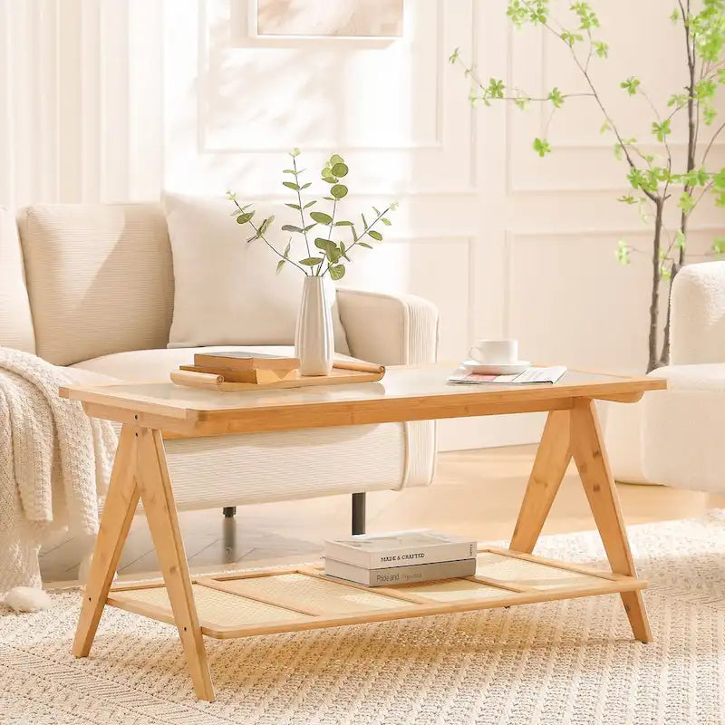 Table basse rectangulaire à 2 niveaux, table de canapé en verre - 100L x 50W x 50P