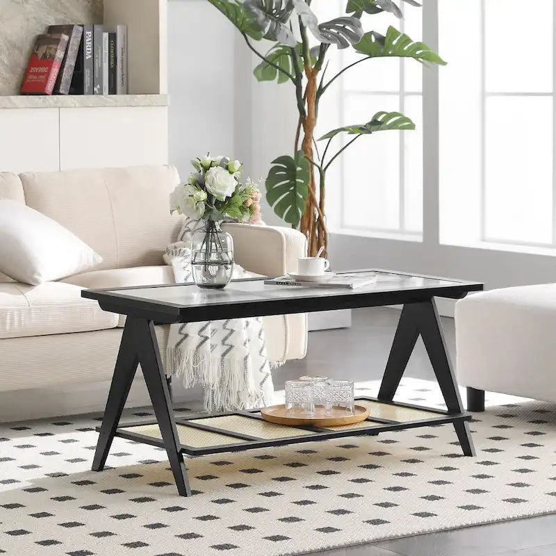 Table basse rectangulaire à 2 niveaux, table de canapé en verre - 100L x 50W x 50P