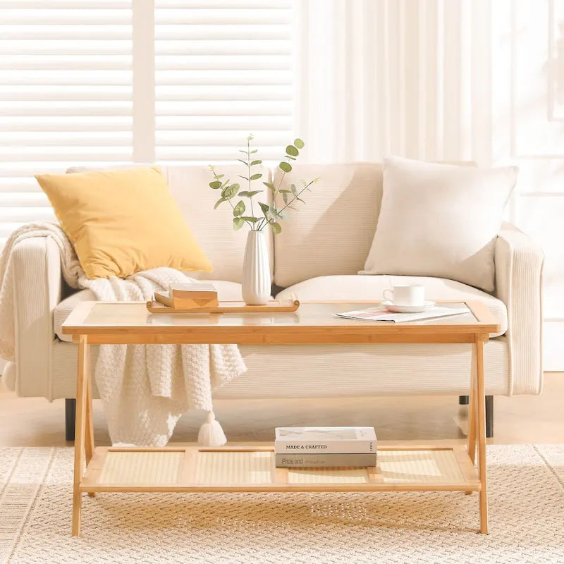 Table basse rectangulaire à 2 niveaux, table de canapé en verre - 100L x 50W x 50P