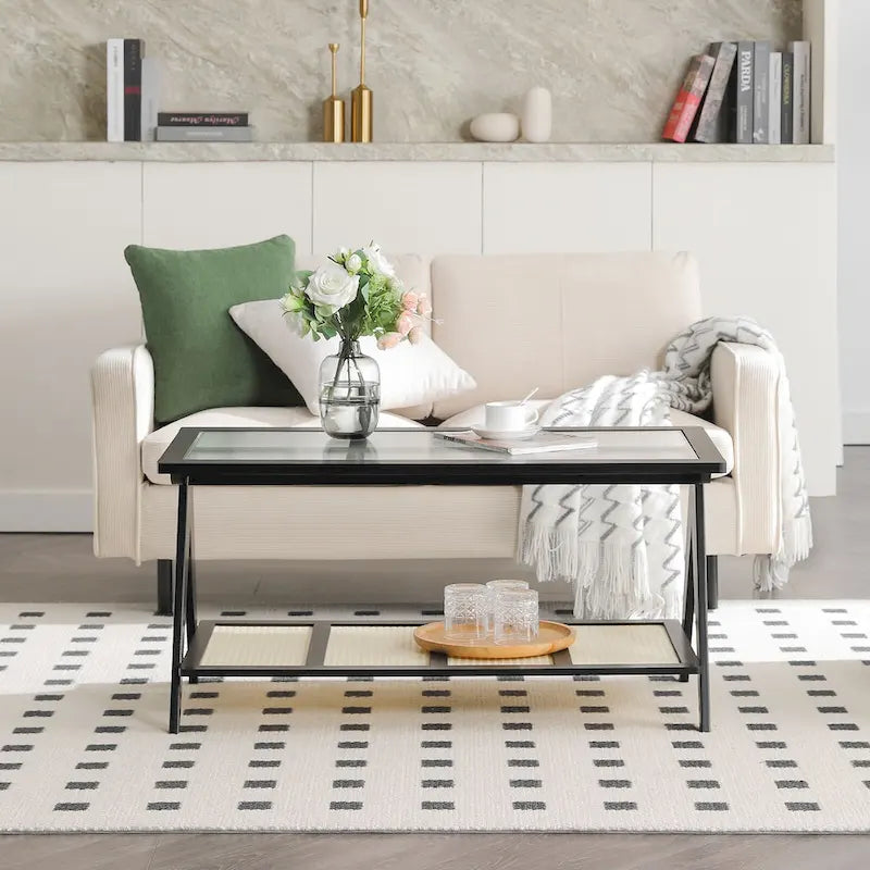 Table basse rectangulaire à 2 niveaux, table de canapé en verre - 100L x 50W x 50P