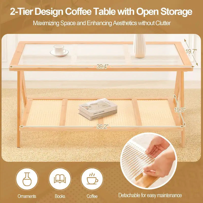 Table basse rectangulaire à 2 niveaux, table de canapé en verre - 100L x 50W x 50P