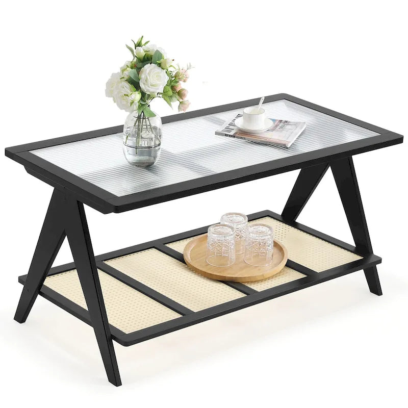 Table basse rectangulaire à 2 niveaux, table de canapé en verre - 100L x 50W x 50P