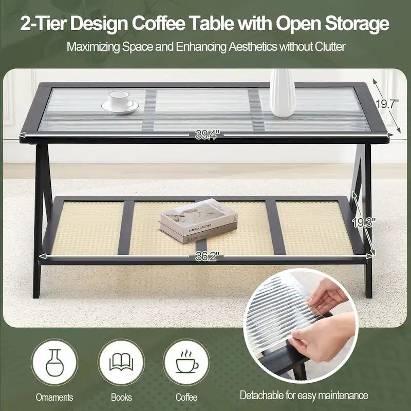 Table basse rectangulaire à 2 niveaux, table de canapé en verre - 100L x 50W x 50P