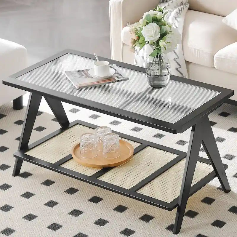 Table basse rectangulaire à 2 niveaux, table de canapé en verre - 100L x 50W x 50P
