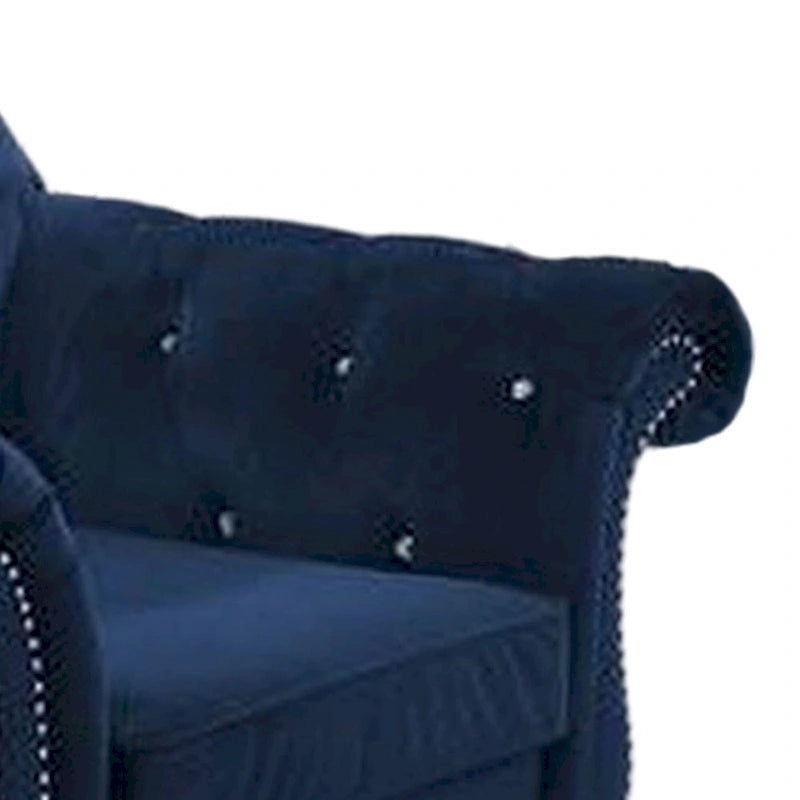 Fauteuil d'appoint classique Rima de 129,5 cm, revêtement velours, accoudoirs roulés, indigo