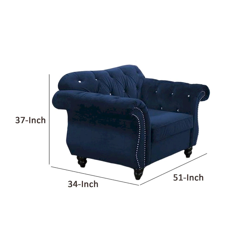 Fauteuil d'appoint classique Rima de 129,5 cm, revêtement velours, accoudoirs roulés, indigo